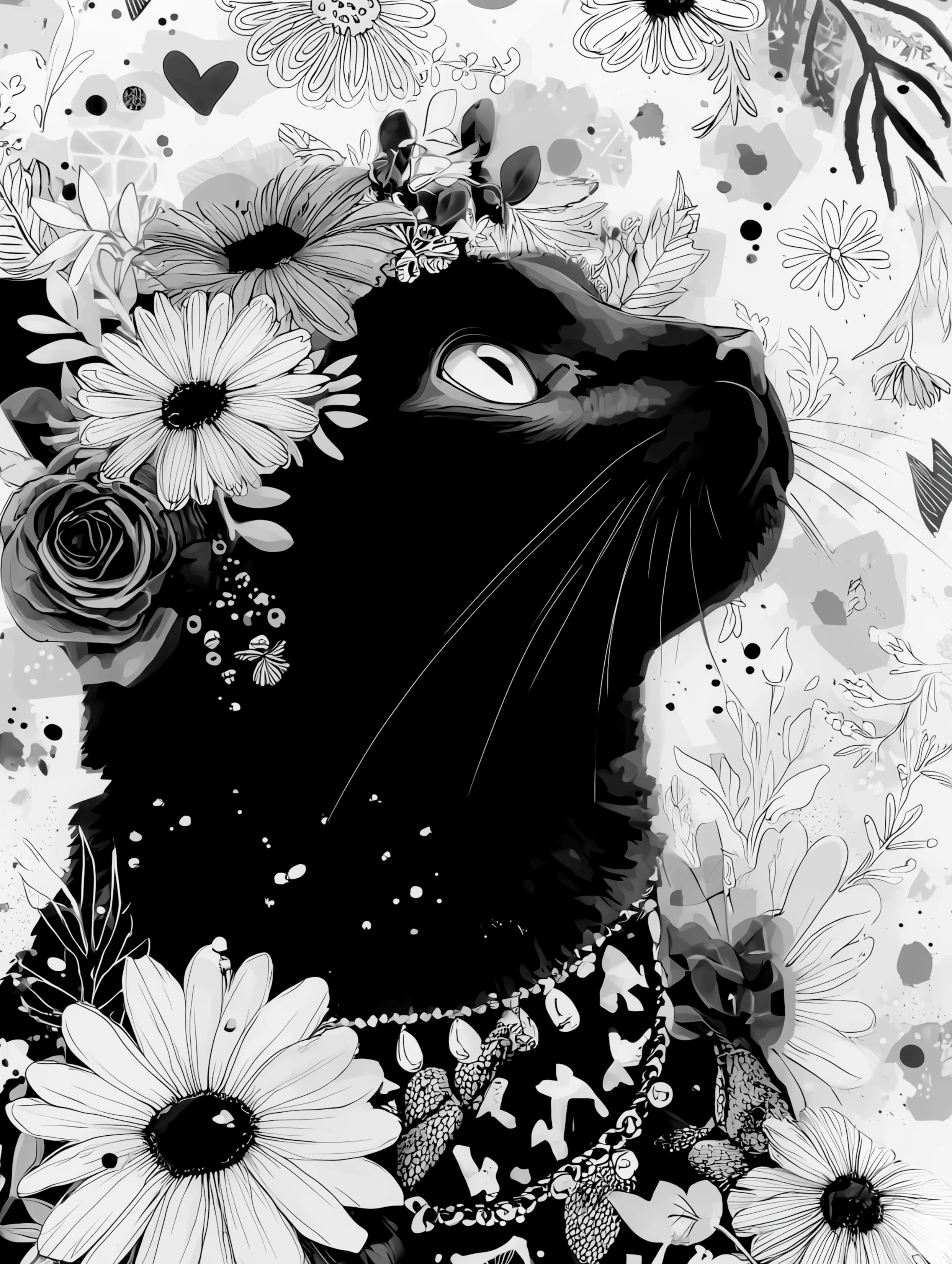 Free printable black cat coloring page for adults featuring flower crown black cat